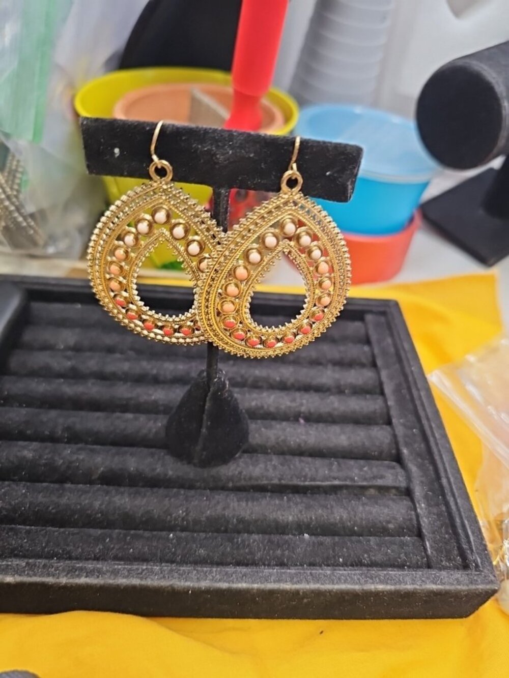 Earrings Pierced Dangle French Wire Gold-tone Beaded Cream Tan Orange